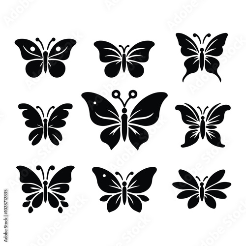 create a sillhouette butterfly victor set icon on white background