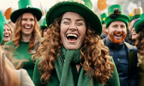 A joyful woman dressed in green and wearing a festive hat laughs in celebration during a St. Patrick’s Day parade. The crowd shares in the merriment, creating a vibrant and cheerful atmosphere photo