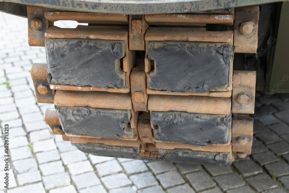 Track of an armored vehicle, close-up. Track of an armored vehicle, close-up.