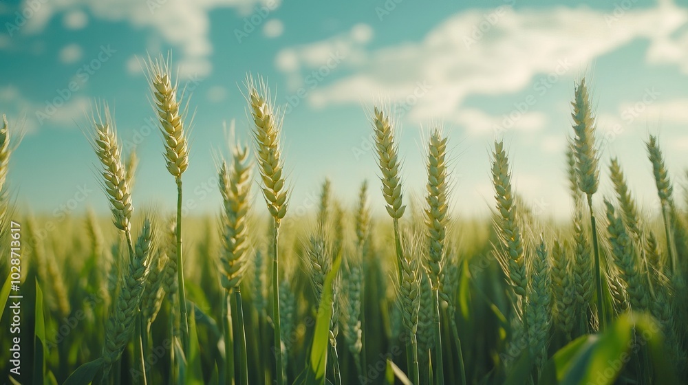 A closeup shot of green wheat in wheat field with cloudy clear blue sky A closeup shot of green wheat in wheat field with cloudy clear blue sky