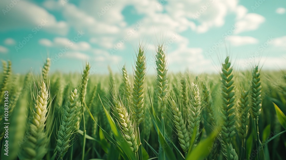 A closeup shot of green wheat in wheat field with cloudy clear blue sky A closeup shot of green wheat in wheat field with cloudy clear blue sky