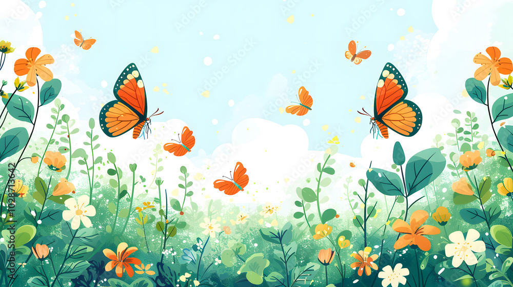 Vibrant meadow with colorful butterflies and blooming flowers under a soft sky Vibrant meadow with colorful butterflies and blooming flowers under a soft sky