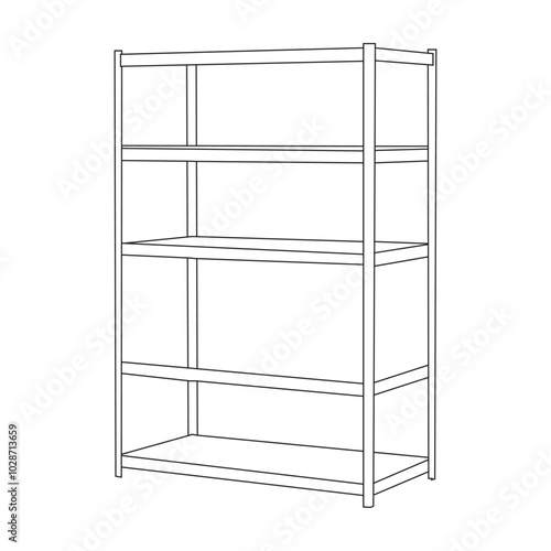 Minimalist vector line art illustration of a steel shelf rack for industrial and home storage.