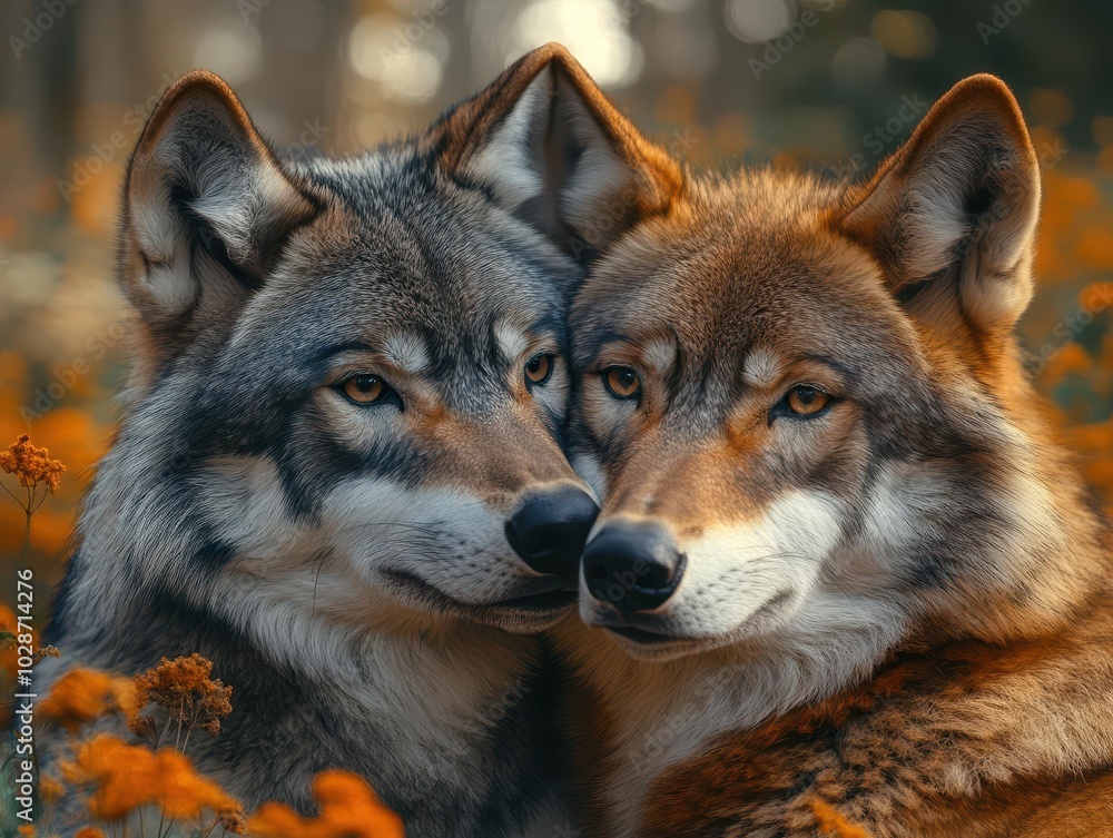 Fototapeta premium tender moment between wolves in a natural setting, capturing the essence of companionship and love, surrounded by their lush environment, evoking emotions of connection and fidelity