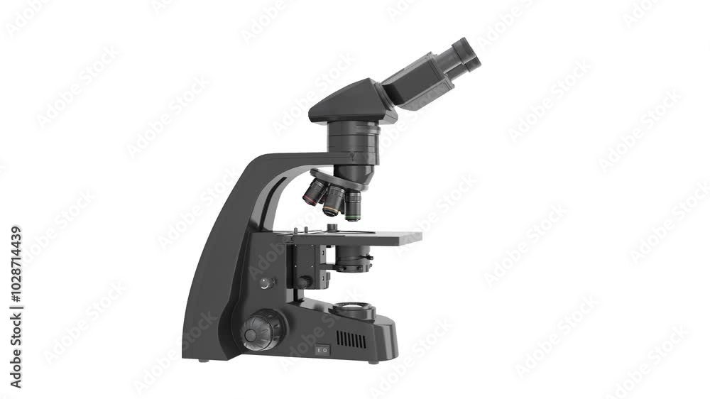 Professional microscope. A rotating 3D model of black design. Close-up. Isolated. 3D rendering. White background. Seamless loop Professional microscope. A rotating 3D model of black design. Close-up. Isolated. 3D rendering. White background. Seamless loop