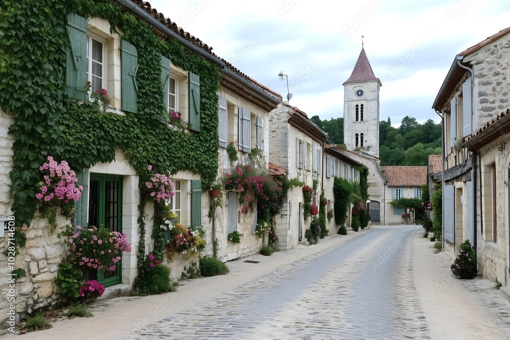Obraz premium French village street, untouched by time. Cobblestone paths wind between historic homes with their shuttered windows.