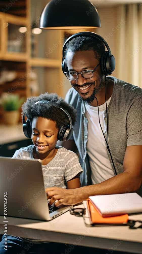African American father helping boy remotely learning with laptop, interesting app for children, using modern tech, homeschooling, making homework, clever kid and self education at home concept African American father helping boy remotely learning with laptop, interesting app for children, using modern tech, homeschooling, making homework, clever kid and self education at home concept