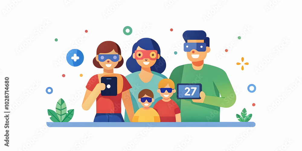 Candid Shot of a Family Interacting with Augmented Reality Devices: Playful Tech-Driven Environment for Modern Family Life with Copy Space for Promotional Text Candid Shot of a Family Interacting with Augmented Reality Devices: Playful Tech-Driven Environment for Modern Family Life with Copy Space for Promotional Text