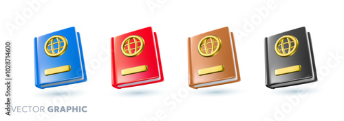 Vector illustration of set of passport with shine leather cover and shadow on white color background. 3d style cartoon design of id document of different color with golden globe sign