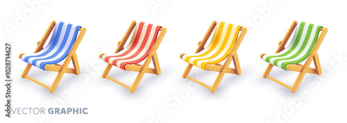 Vector summer illustration of set of striped beach chair of different color with shadow on white background. 3d style cartoon design of summer wooden folding deck chair for pool