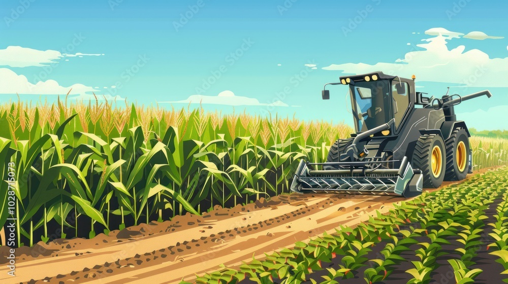 A Black Combine Harvester Working in a Cornfield A Black Combine Harvester Working in a Cornfield