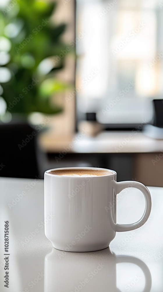 Mockup of a beautiful white mug with coffee on a counter, in the background an office room Mockup of a beautiful white mug with coffee on a counter, in the background an office room