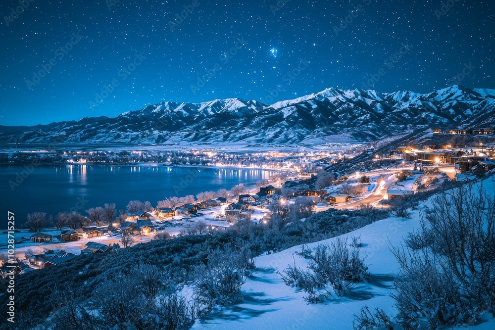 A city in Utah, overlooking the lake and mountains at night, with snow on the ground A city in Utah, overlooking the lake and mountains at night, with snow on the ground