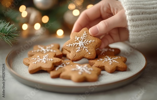 Close-up of festive gingerbread cookies being placed on a ceramic plate, showcasing intricate snowflake designs, creating a warm and cozy Christmas holiday atmosphere with twinkling lights in the