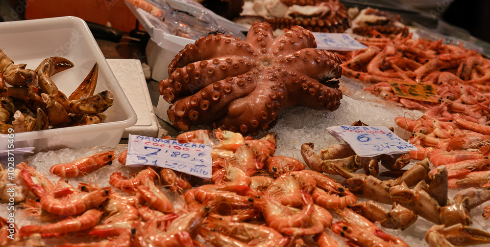 Fresh octopus, shrimps and other seafood at the fish market Fresh octopus, shrimps and other seafood at the fish market