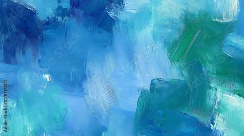 Abstract painting with blue, turquoise and green brushstrokes.