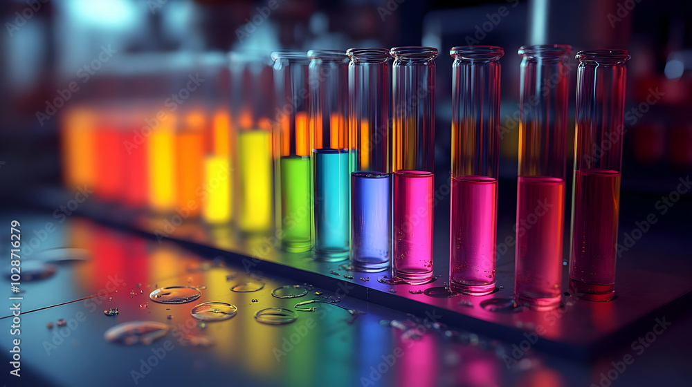 Colorful test tubes filled with liquids in a laboratory setting. Colorful test tubes filled with liquids in a laboratory setting.