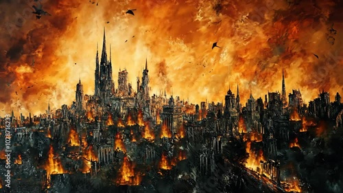 A city engulfed in flames, the sky a fiery orange, as buildings crumble and smoke billows into the air photo