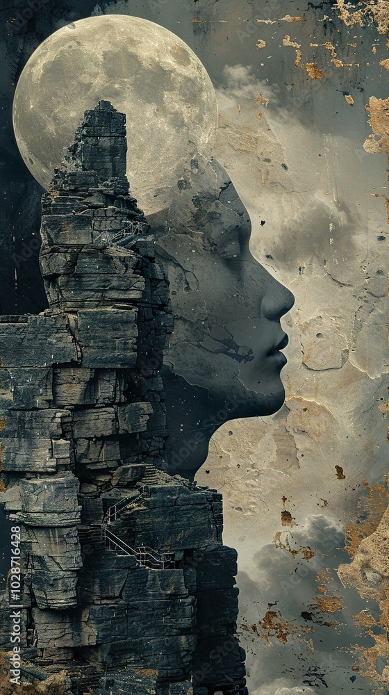 Fototapeta premium Surreal Dreamscape: A Profile in Stone and Moon
