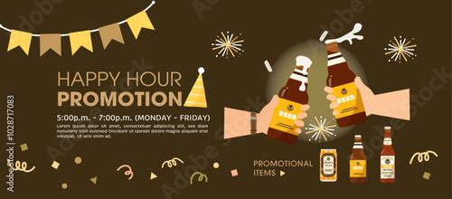 Social media banner template about happy hour promotion/event/celebration. Cheers. Two hands holding beers proposing a toast.  party flag, party hat, fireworks, confetti. Editable Adobe font text.