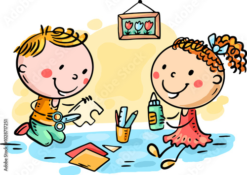 Cartoon two kindergarten kids crafting together. Preschooler children doing common activity, communication and cooperation clipart