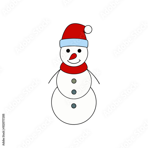 Festive Christmas snowman vector with a hat, scarf, and snowflakes, perfect for holiday decor.