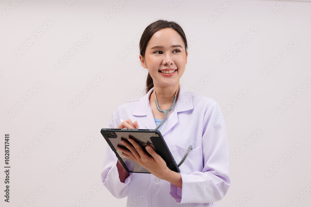 Smiling female doctor holding tablet on white background. Smiling female doctor holding tablet on white background.