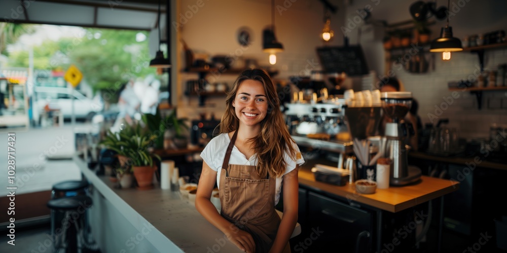 Smiling barista young woman working in cafe shop, looking at camera. Startup successful small business owner. SME Smiling barista young woman working in cafe shop, looking at camera. Startup successful small business owner. SME