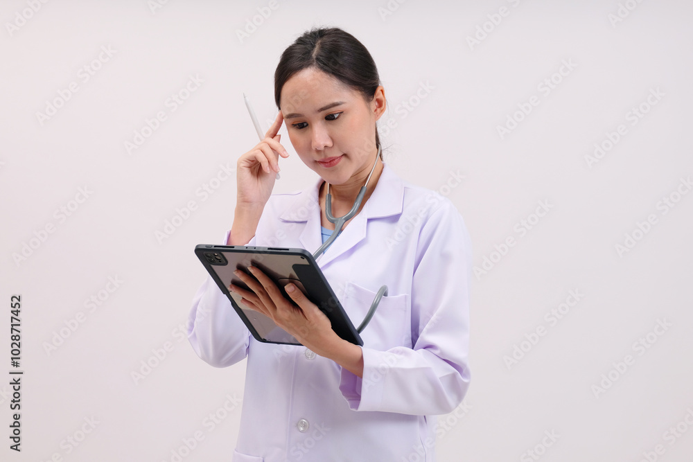 Smiling female doctor holding tablet on white background. Smiling female doctor holding tablet on white background.