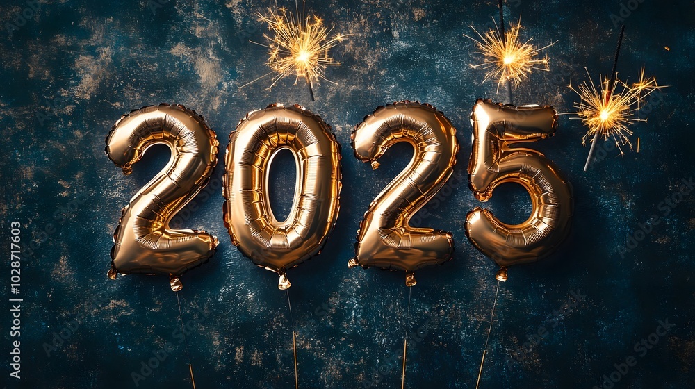 Metallic balloons shaped as the numbers 2025 with mini firework sparklers nearby Metallic balloons shaped as the numbers 2025 with mini firework sparklers nearby
