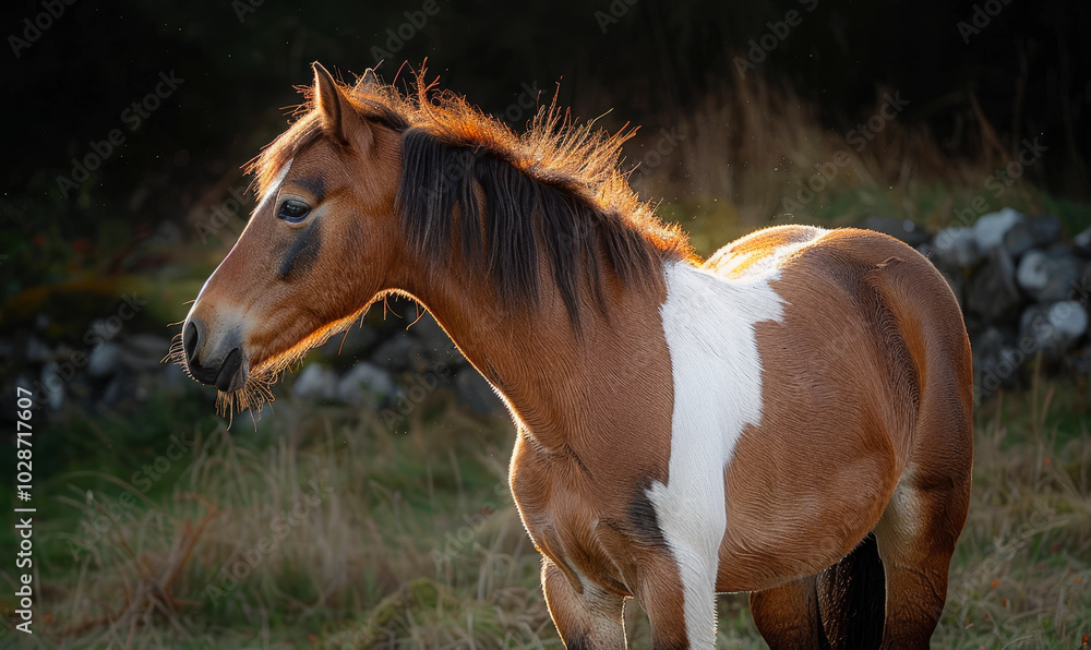 Obraz premium Pregnant Chestnut Horse Grazing in Peaceful Meadow at Sunrise Concept of Rural Serenity and Equine Pregnancy