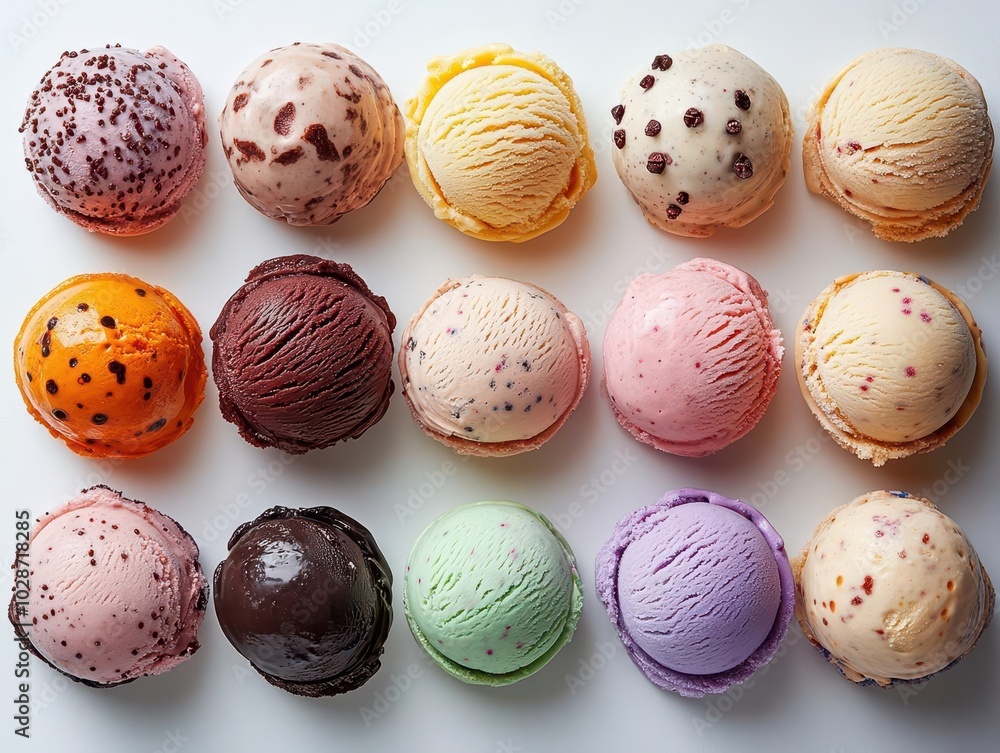 vibrant scoops of ice cream in various flavors arranged artfully on a white background, each scoop adorned with colorful sprinkles and decorative toppings, radiating a joyful and indulgent vibe vibrant scoops of ice cream in various flavors arranged artfully on a white background, each scoop adorned with colorful sprinkles and decorative toppings, radiating a joyful and indulgent vibe