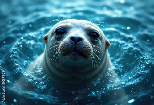 Seal Pup Swimming in Blue Water . photo