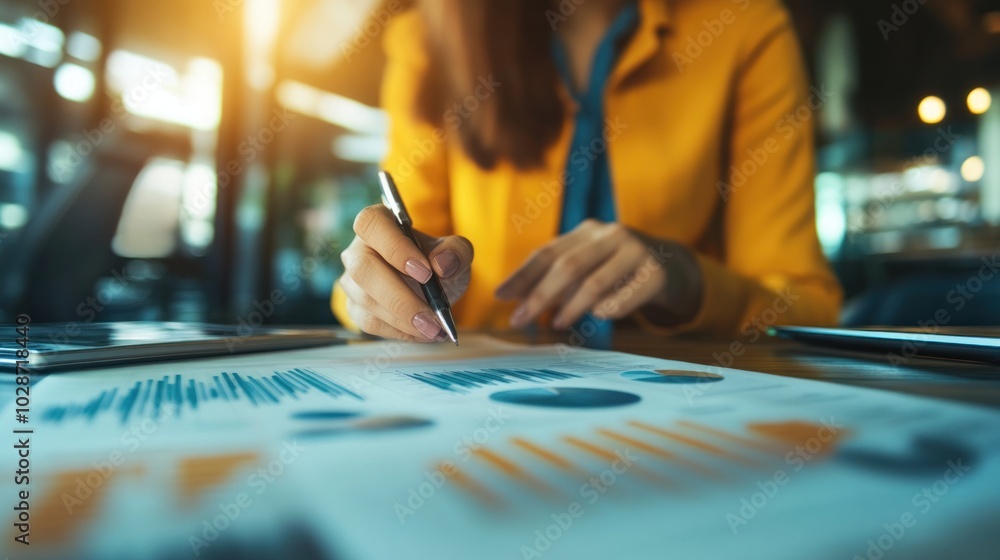 Obraz premium A business analyst using real-time data reporting tools, focusing on financial charts and metrics