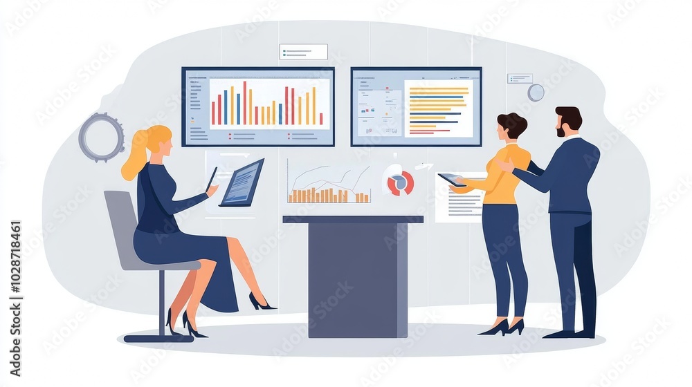 Vector illustration of office people: Managing digital campaigns and analyzing key market trends Vector illustration of office people: Managing digital campaigns and analyzing key market trends