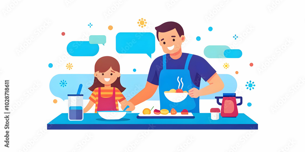 Father and Daughter Cooking Breakfast Together in a Bright Kitchen with Glossy Background and Copy Space for Promotional Text - Family Bonding Concept in Photo Stock Father and Daughter Cooking Breakfast Together in a Bright Kitchen with Glossy Background and Copy Space for Promotional Text - Family Bonding Concept in Photo Stock