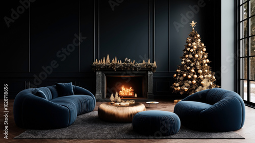 Elegant living room with dark blue furniture, a decorated Christmas tree, and a burning fireplace, creating a cozy holiday ambiance.