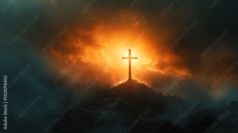 Obraz premium The cross of God in the rays of the sun. Cross on the hill