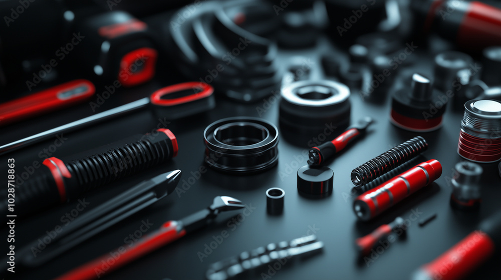 A close-up of a diverse set of automotive tools and car parts, artistically arranged on a dark background, emphasizing the complexity and precision involved in vehicle maintenance. A close-up of a diverse set of automotive tools and car parts, artistically arranged on a dark background, emphasizing the complexity and precision involved in vehicle maintenance.