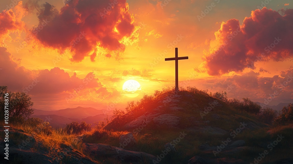 The cross of God in the rays of the sun. Cross on the hill The cross of God in the rays of the sun. Cross on the hill