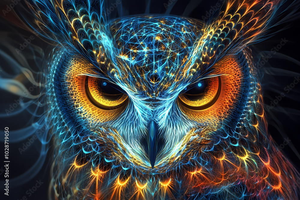 A mesmerizing fractal image of an owl, blending complex geometric patterns and vibrant colors to form an abstract, mystical representation of this nocturnal creature A mesmerizing fractal image of an owl, blending complex geometric patterns and vibrant colors to form an abstract, mystical representation of this nocturnal creature