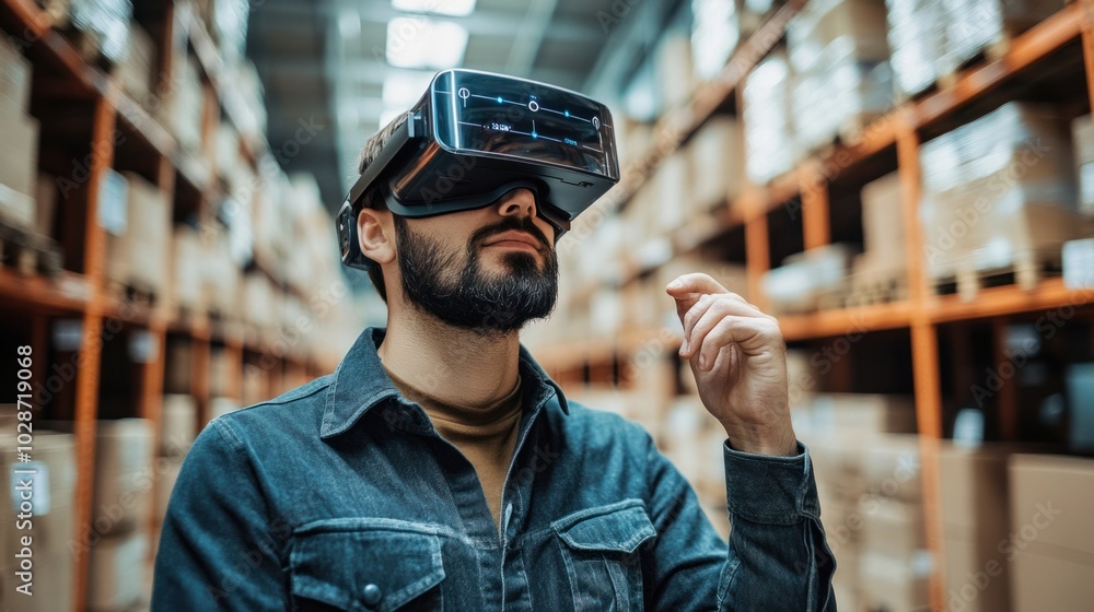 A logistics professional using AI + AR integration to streamline warehouse operations, modern tech environment A logistics professional using AI + AR integration to streamline warehouse operations, modern tech environment