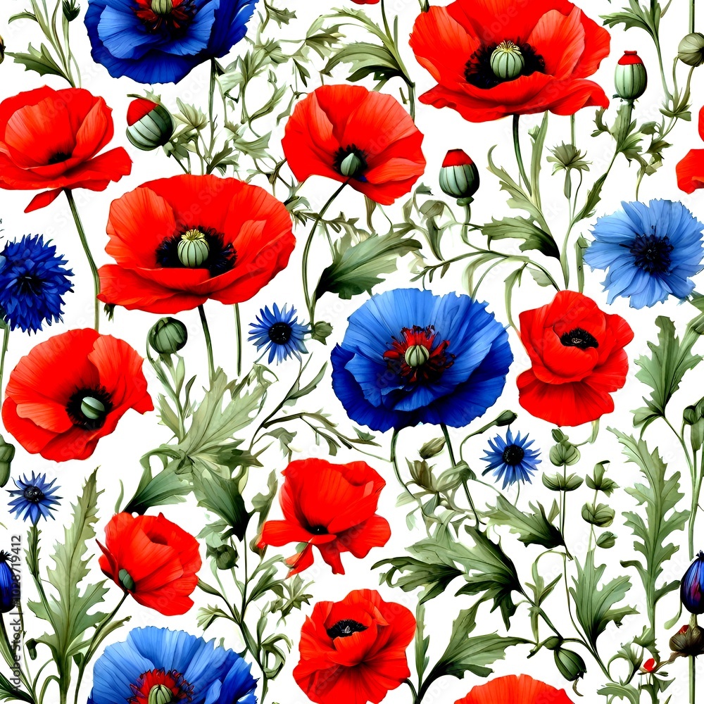 Fototapeta premium poppies and cornflowers pattern