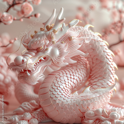 Pink 3d dragon surrounded by cherry blossoms photo