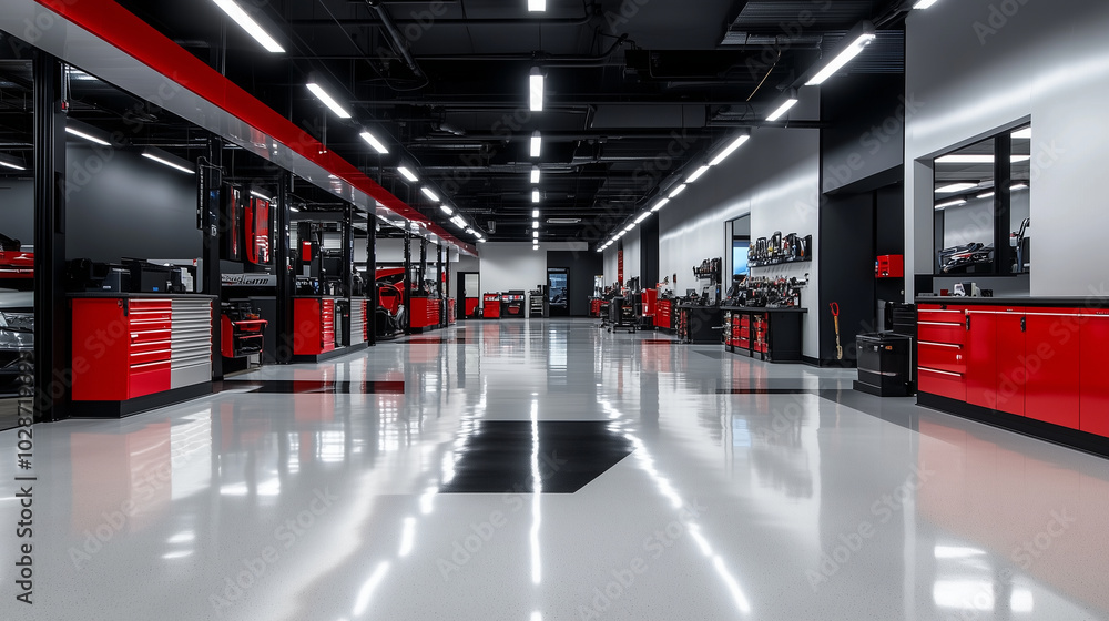 An immaculate repair center inside a dealership, with spacious service bays, clean tool racks, and a sleek, modern design highlighted by bright overhead lighting.