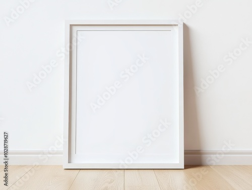 A minimalist white frame leaning against a white wall on a wooden floor.