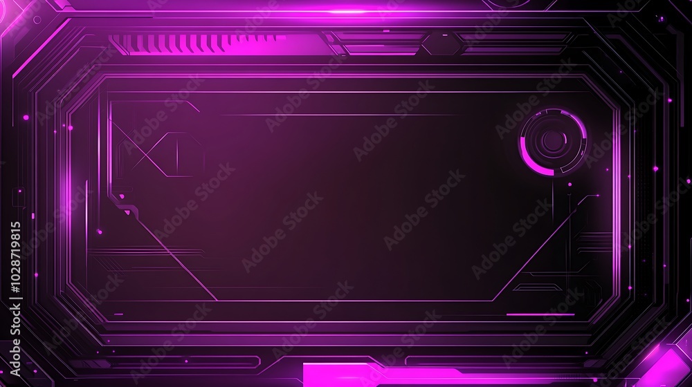 Abstract purple and black futuristic tech frame background with glowing lines.
