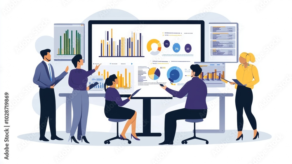 Fototapeta premium Vector illustration of office people: Collaborating on innovative marketing and managing content workflows 