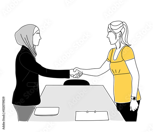 HR manager shaking hands with muslim woman in hijab. Job and carrier concept business sketch illustration isolated on transparent background. Best job candidate, job interview outline drawing