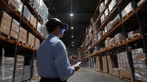 A supply chain expert using AR to automate package picking, immersive data visualization, high-tech warehouse setting